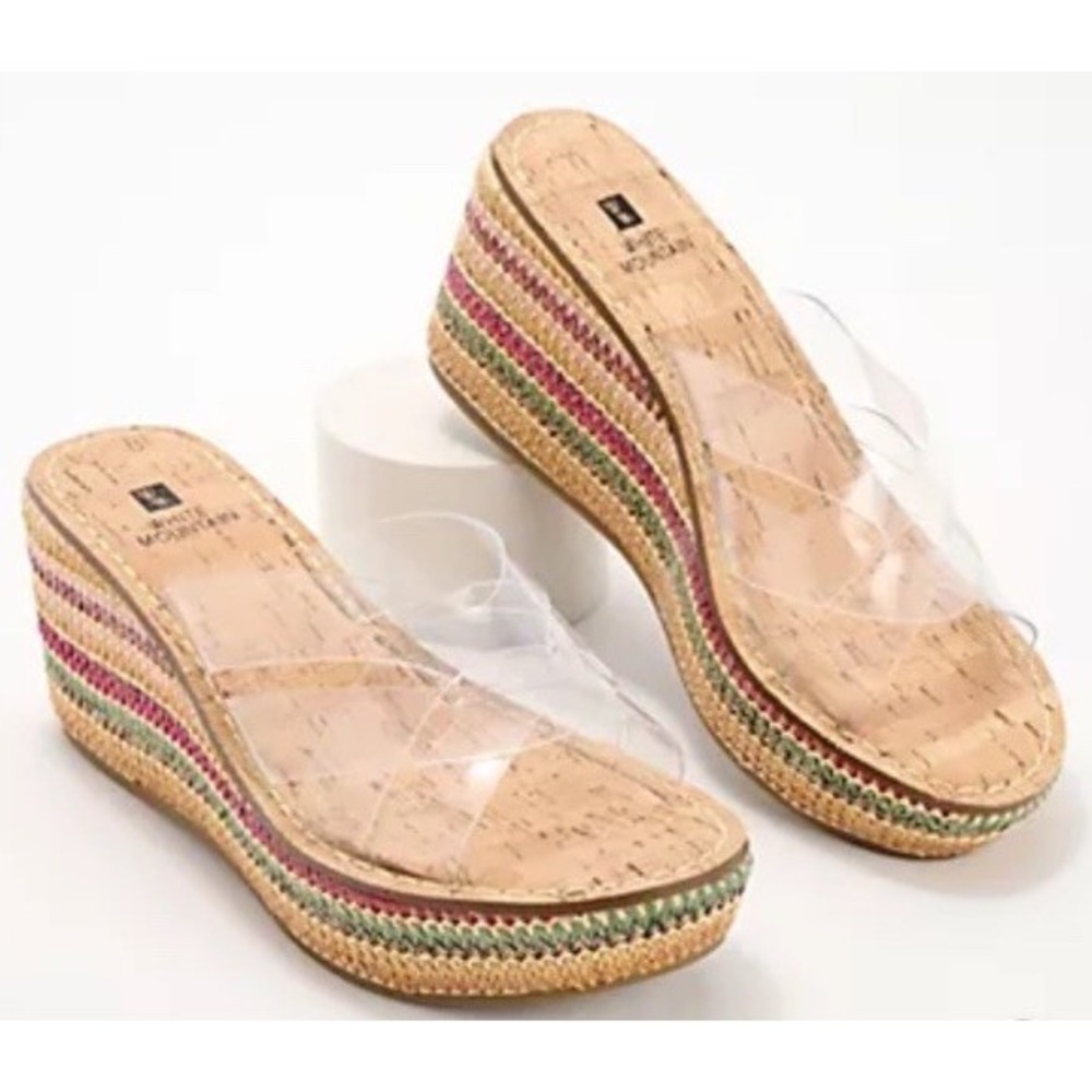 New White Mountain Samwell Woven Raffia Wedge Sandals Tan Colorful Boho‎ Size 7M